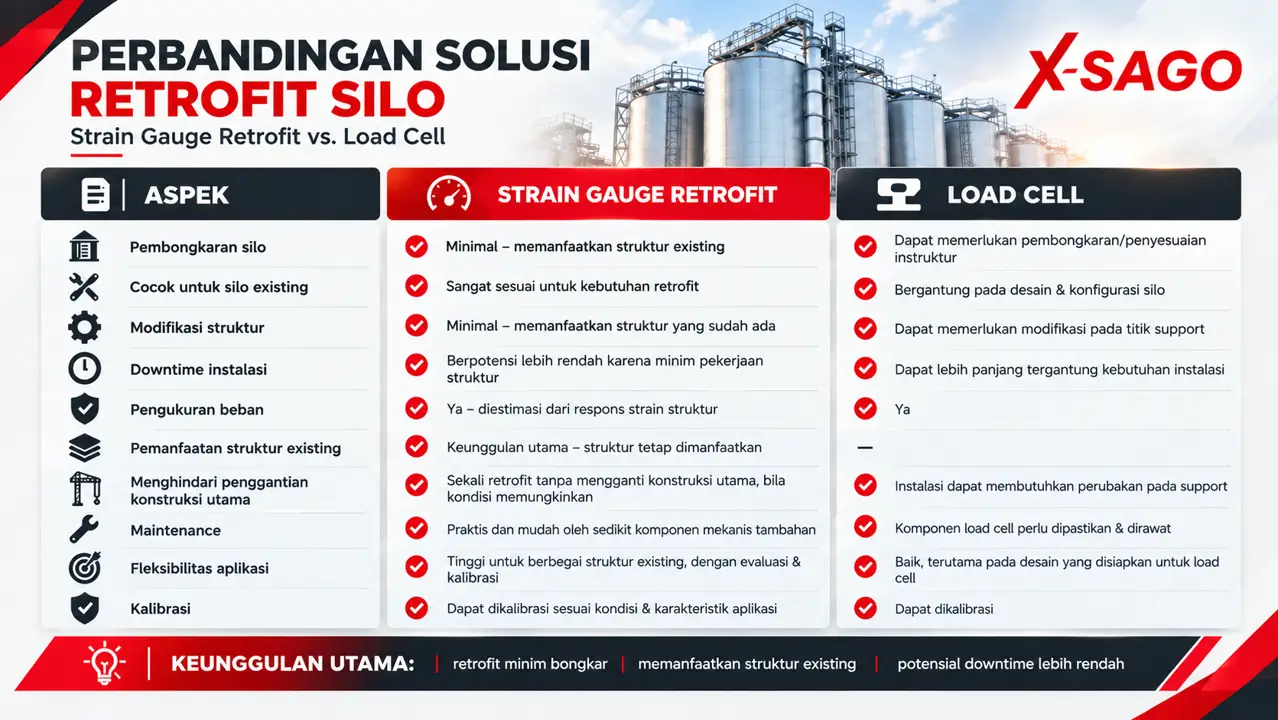 Perbandingan strain gauge retrofit dan load cell untuk silo