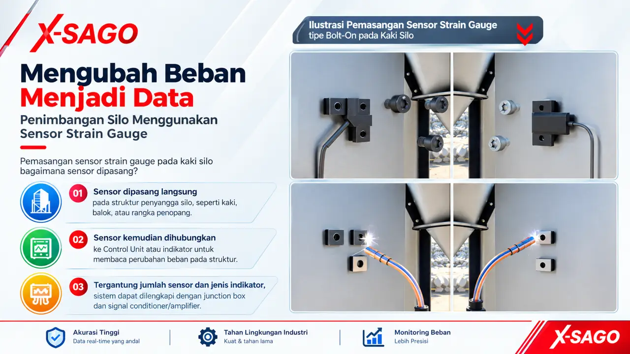 Ilustrasi pemasangan sensor strain gauge bolt-on pada kaki silo